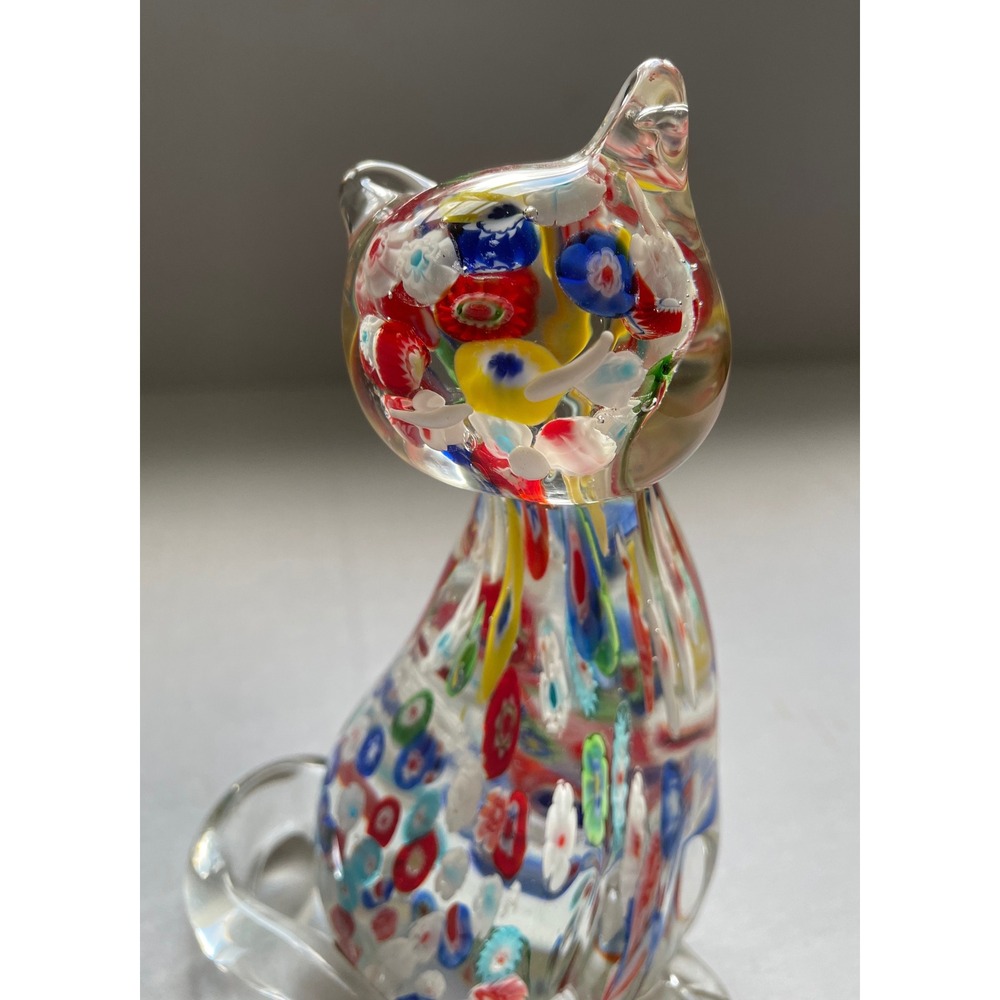 Vintage Murano Glass Handmade Millefiori Cat Multicolor Glass Figurine - Picture 3 of 7